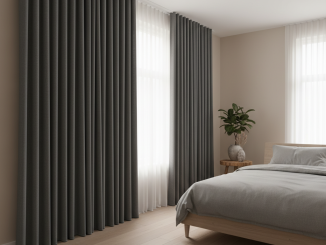 Kleine slaapkamer met lichtdoorlatende gordijnen voor een ruimtelijk effect