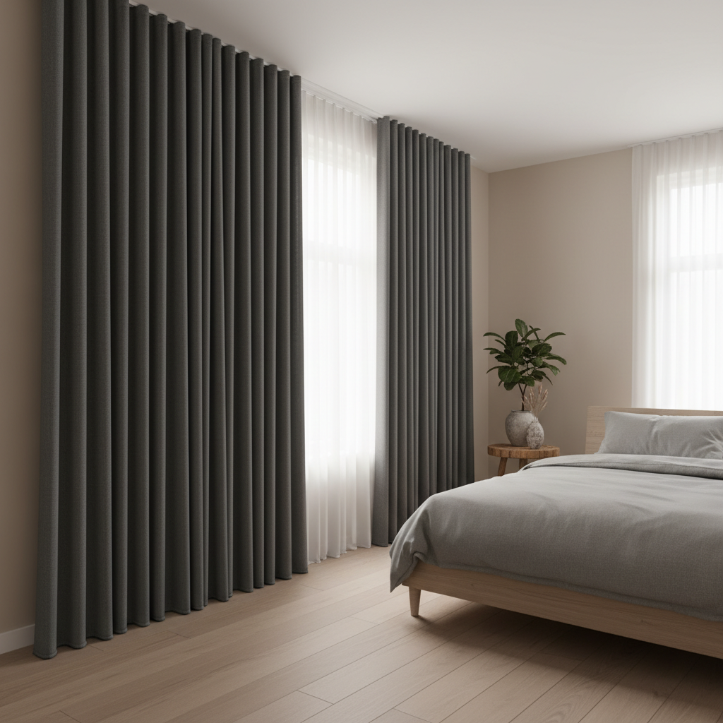 Kleine slaapkamer met lichtdoorlatende gordijnen voor een ruimtelijk effect