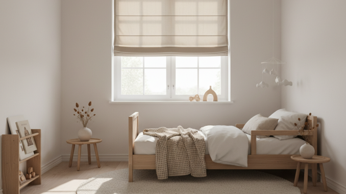 Kindvriendelijke raamdecoratie zonder koorden in een moderne kinderkamer