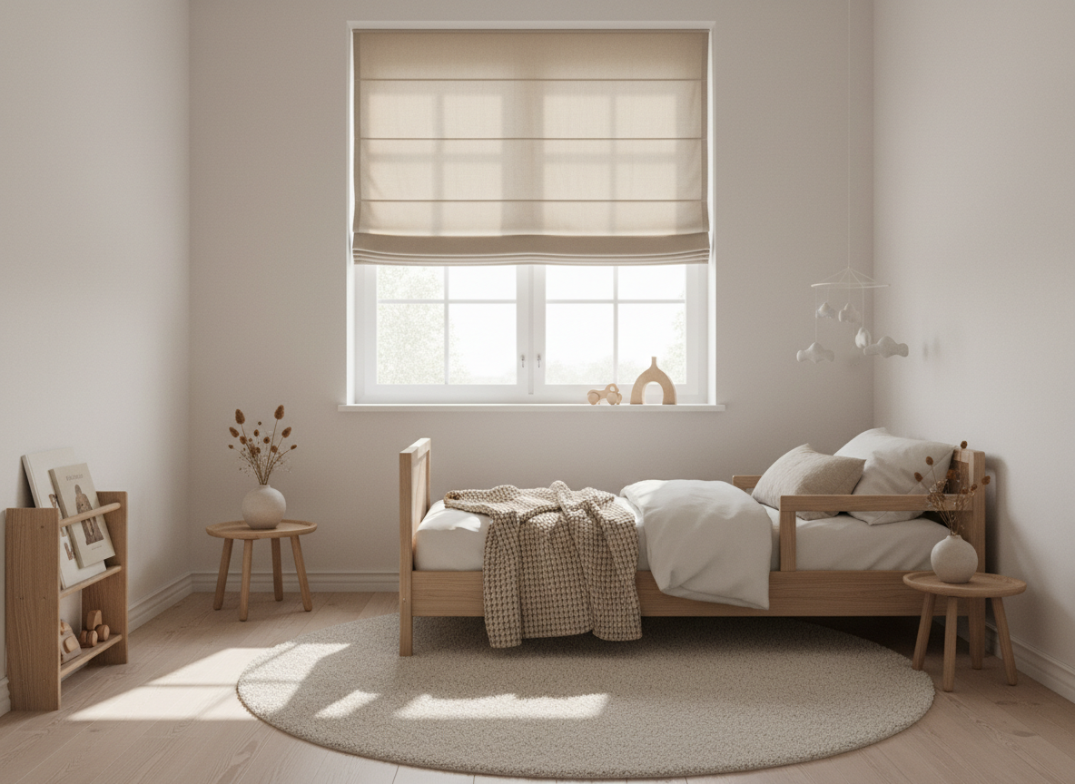 Kindvriendelijke raamdecoratie zonder koorden in een moderne kinderkamer