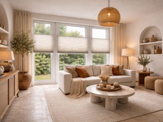 woonkamer met plisségordijnen op draaikiepramen