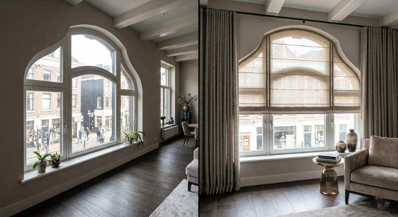 Before And After Beeld Van Raambekleding Voor Speciale Raamvormen