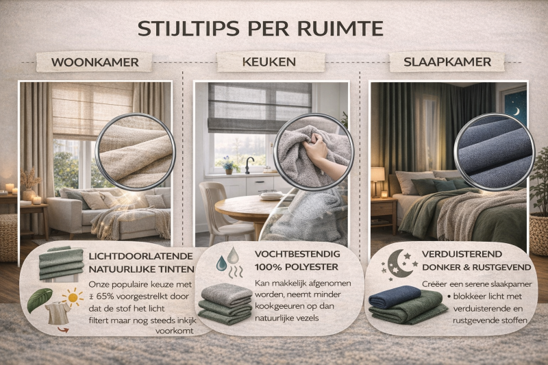 Stijltips, vouwgordijnen, woonkamer, slaapkamer, keuken