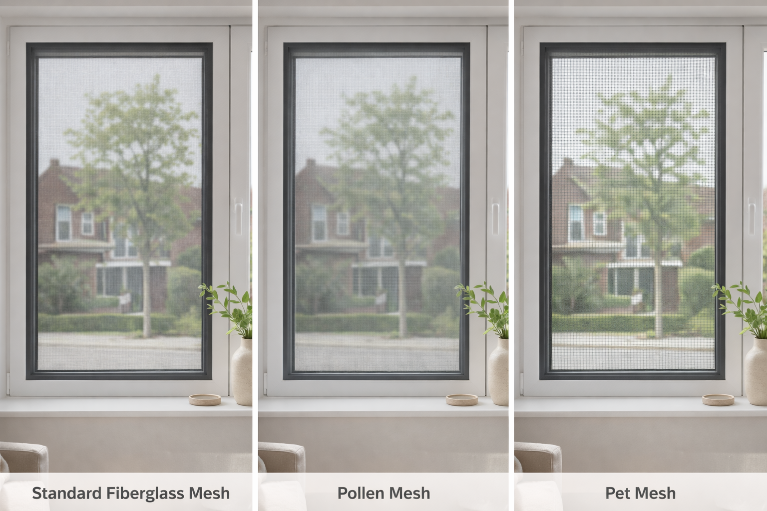 Draai En Kiep Ramen Met Horren en verschillende soorten gaas. Pollen gaas, standaard fibergaas en pet gaas