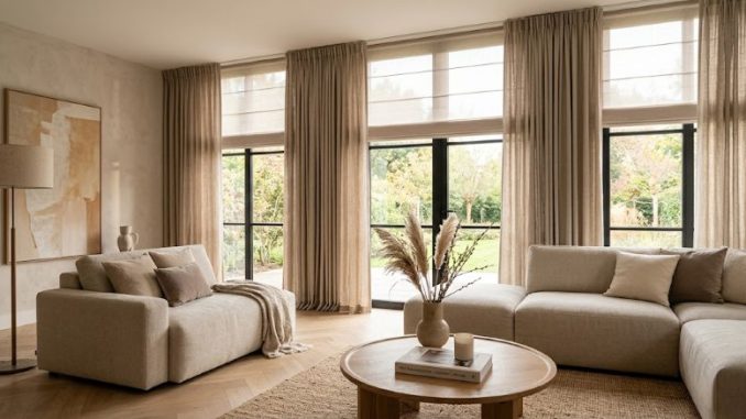 Vouwgordijnen met inbetweens, beige interieur woonkamer