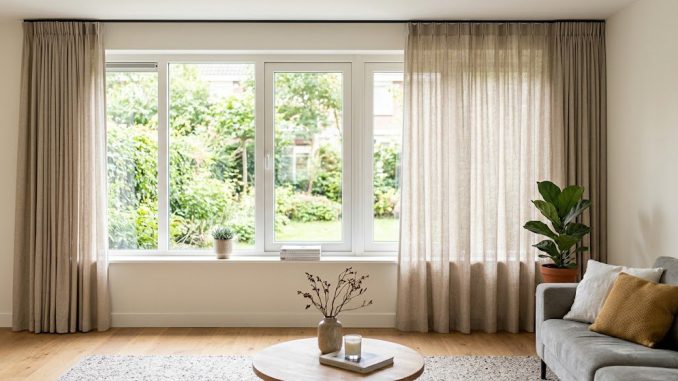 linnen gordijnen warm beige interieur