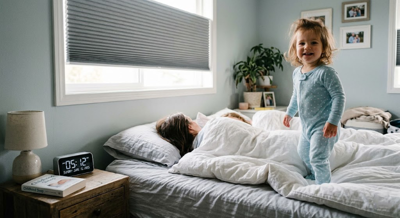 Peuter Staat Vol Energie Naast Bed Door De Eerste Zonnestralen