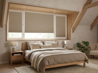 beige honingraad plissegordijnen op maat gemaakt voor een dakkapel