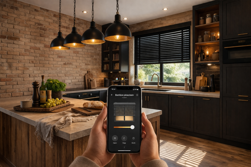 Slimme elektrische wifi jaloezieen in een stijlvolle keuken