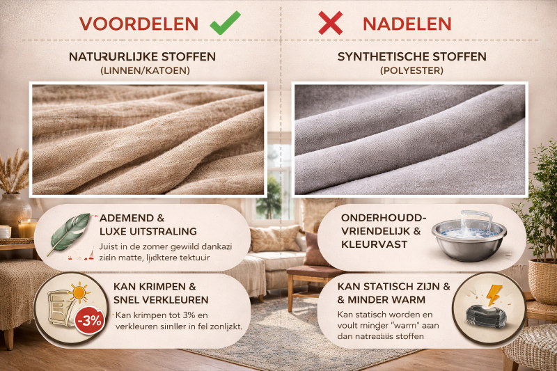 voordelen en nadelen van natuurlijke stoffen (linnen, katoen) en synthetische stoffen (polyester)
