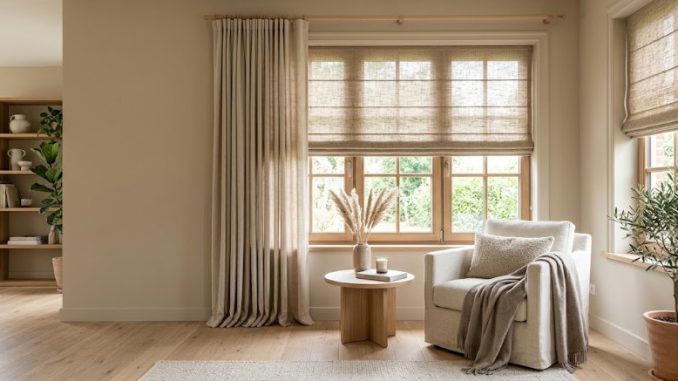 beige muren met mooie linnen gordijnen en vouwgordijnen