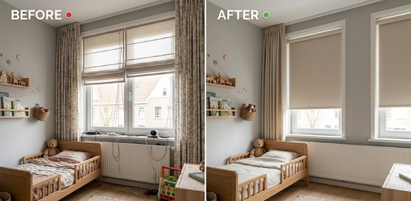 Before After Kindveilige Raamdecoratie Zonder Koord Elektrische Bediening Handgreep