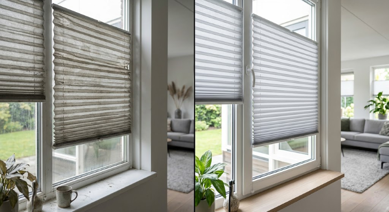 Before And After Reineging Van Plissegordijnen