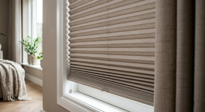 Taupe Plissegordijn Close Up Schoongemaakt