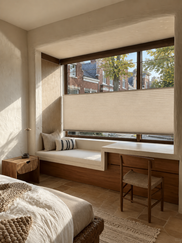 Een Top Down Bottom Up Plissegordijn Aan De Straatkant Van Een Bureu Slaapkamer Raam