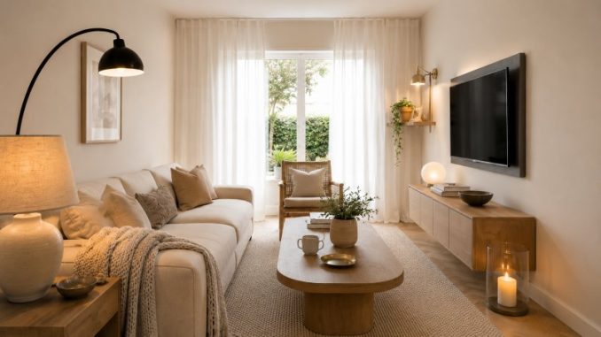 Smalle woonkamer met linnnen-look inbetweens